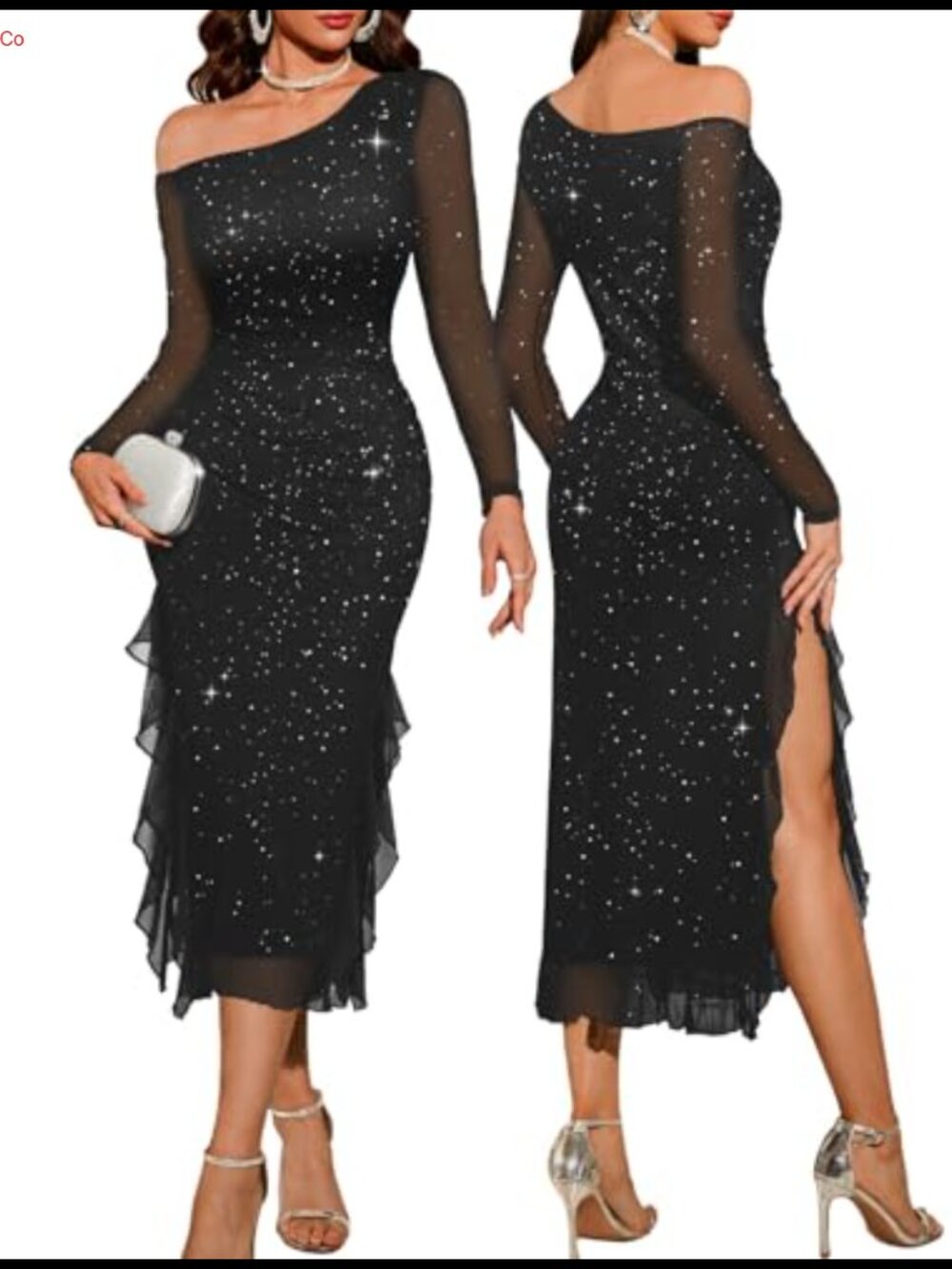 Womens Sequin One Shoulder Maxi Dress Mesh Sparkly Bodycon Formal
